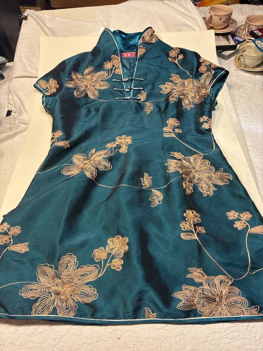 Shen Yi Cheongsam Size XXL Green Floral Embroidered Qipao Dress